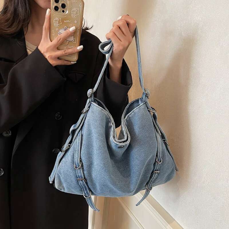 Washed Denim Fabric Shoulder Hobo Bags For Women 2025 Winter New Designer Handbags Big Capacity Underarm Shopper Tote Bag