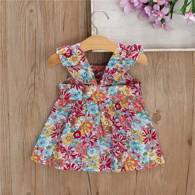 (Girls 0-3 years old)New Summer Girls Dress Halter Small Flying Sleeve Ruffled Flowers Full Print + Crossbody Bag A-line Dress Z250214