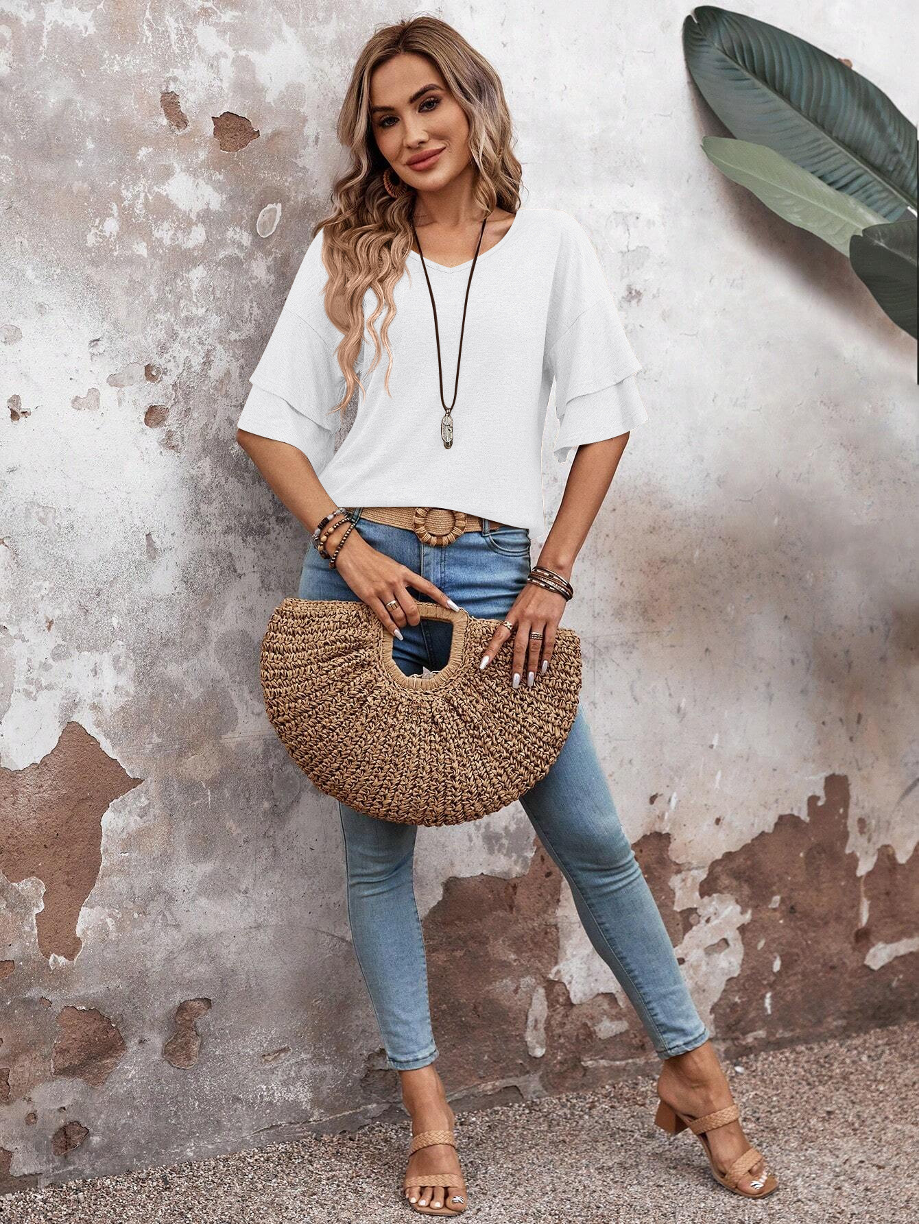 2025 Summer New Women's Solid Color V-neck Double Sleeve Loose T-shirt Short Sleeve Top