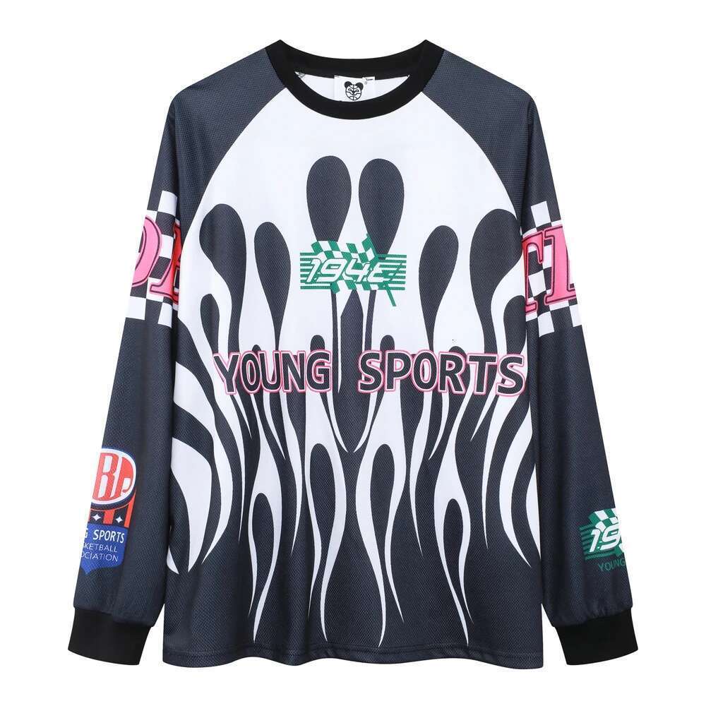 Y2k Flame Color Match Mesh Baseball Shirts For Men And Women Crew Neck Long Sleeve Casual Tshirts Oversized Loose Top Tees