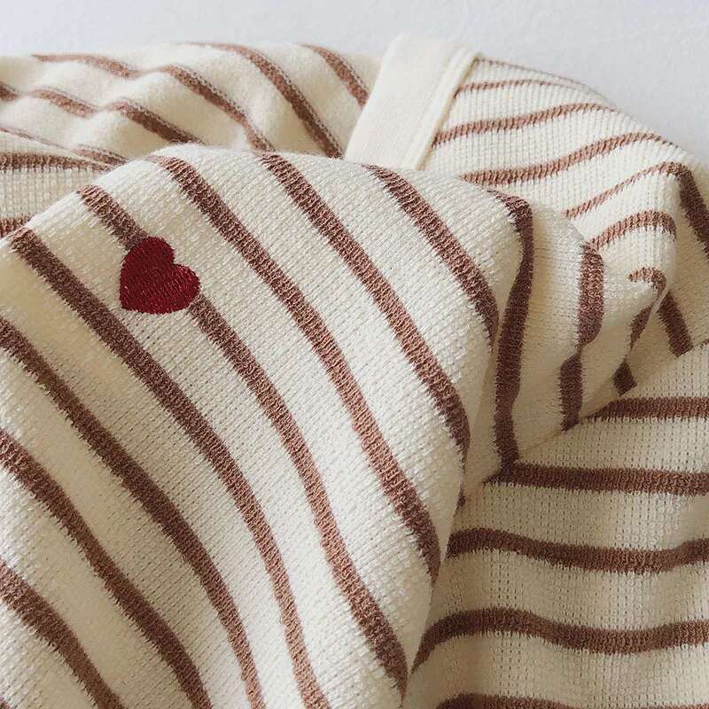 Love Embroidery Striped Sweatshirt Women Autumn Loose Fit Slimming Round Neck Long Sleeved Tops