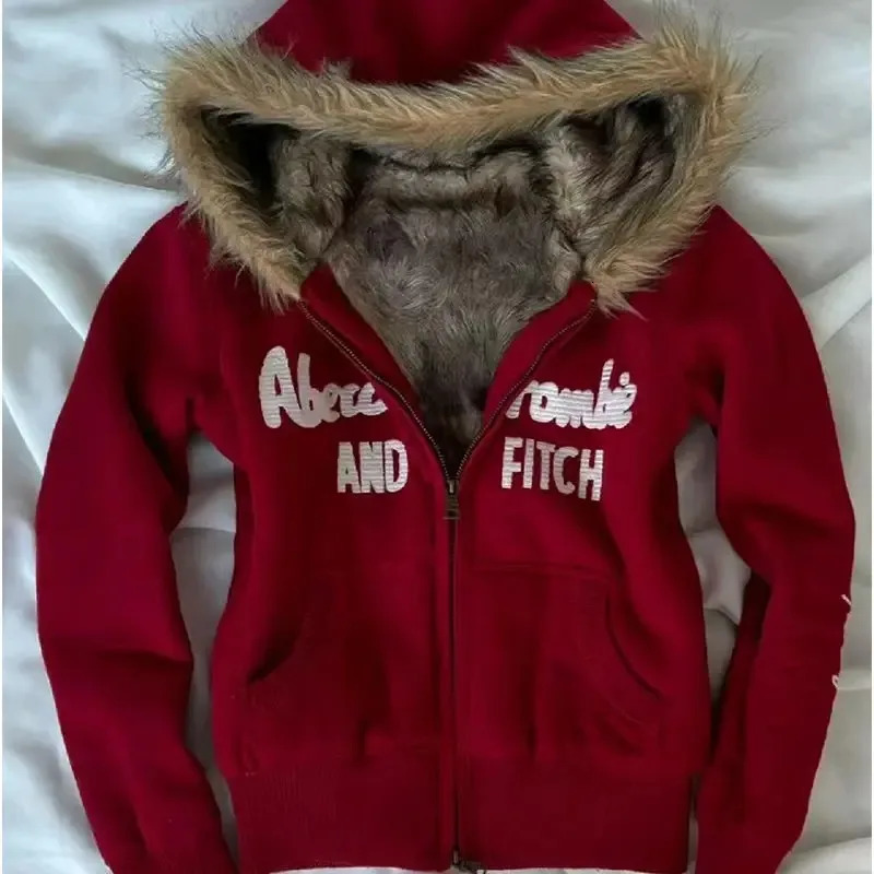 Street vintage alphabet print plus fleece hoodie woman y2k Goth original fashion coat Cardigan Spice casual loose sport 250213