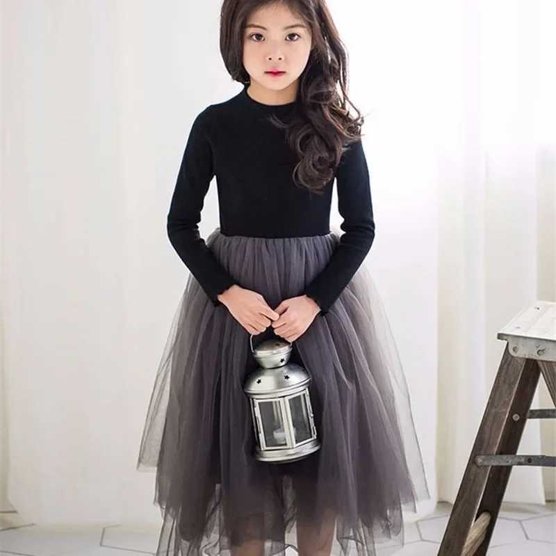 Autumn and Winter Long Sleeved Girls Dress Childrens Fluffy Gauze Skirt Mid To Large Kids Clothing Performance Princess Dress Z250214