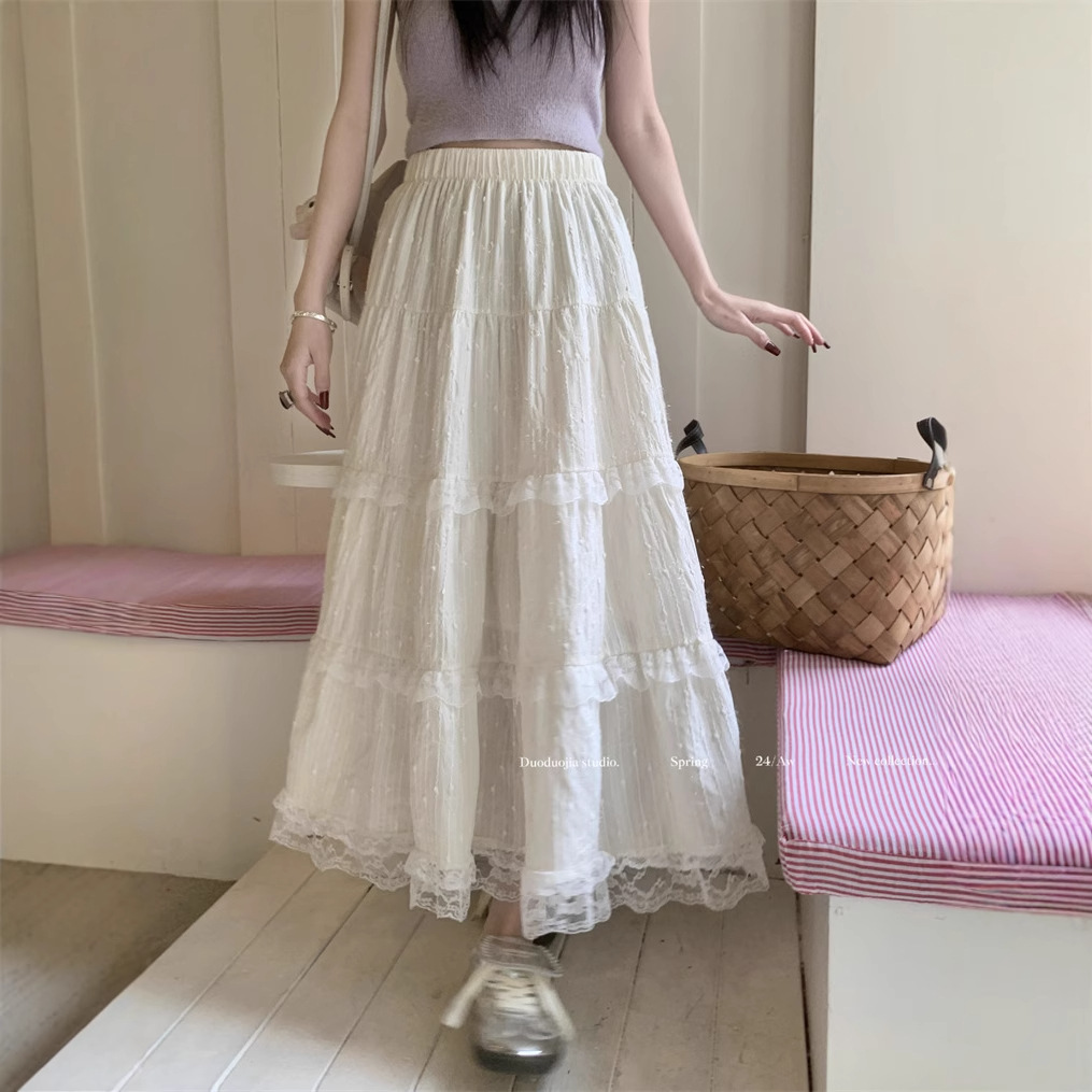 X4150 Spring new design lace cake skirt women's high waist slim splicing sweet all-match long skirt women