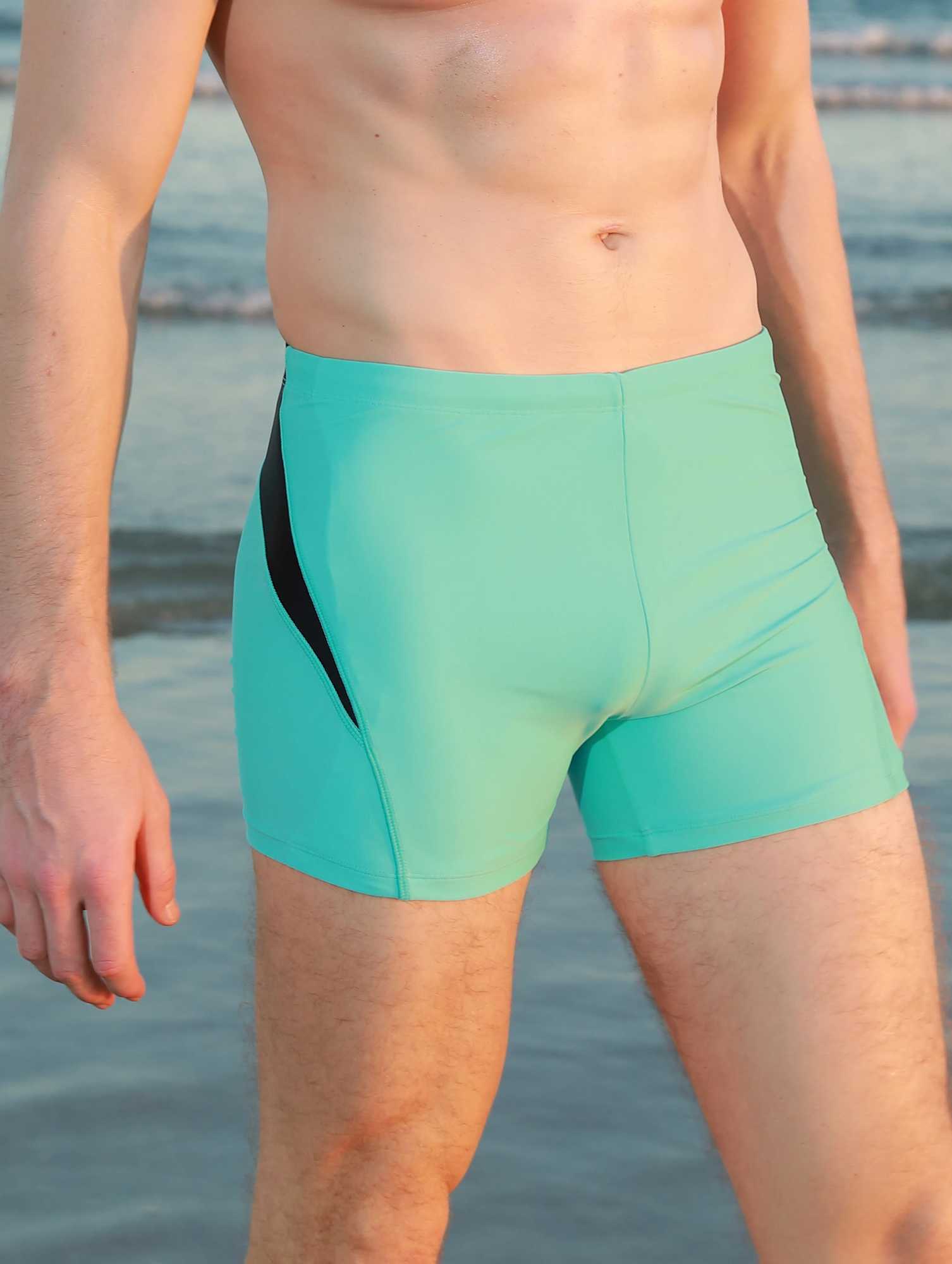 Mens sports tight fitting swimsuit flat corner solid color decal compared to classic style - elastic swimsuit W250214