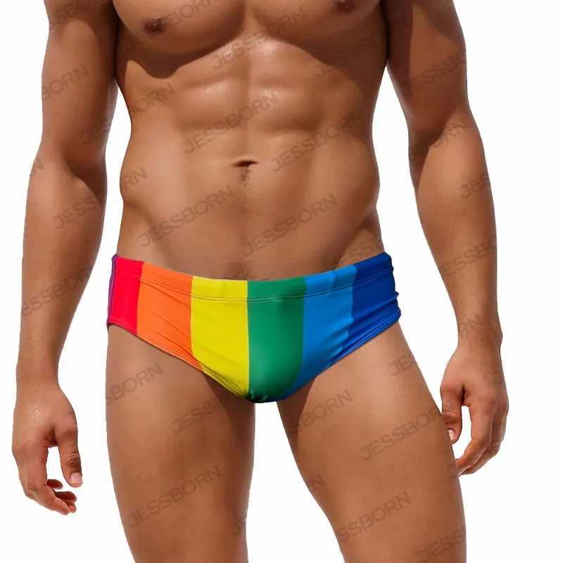 Mens Swimming Trunks Mens Swimsuit Rainbow Coarse Stripes Swim Briefs Quick Drying Beach Shorts Board Surf Bathing Suit Swimwear W250214