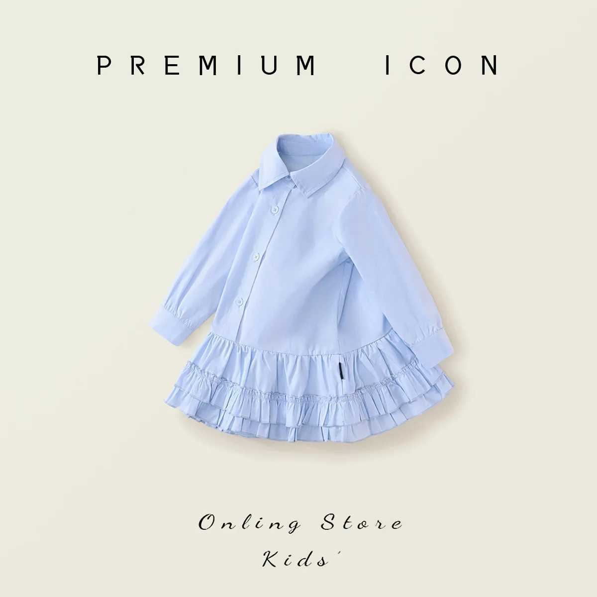 Children Girls Spring Autumn Dress Blue Turndown Collar Pleated Hem Kid Girls Frock Casual Pure Cotton Toddler Girls Shirt Dress Z250214