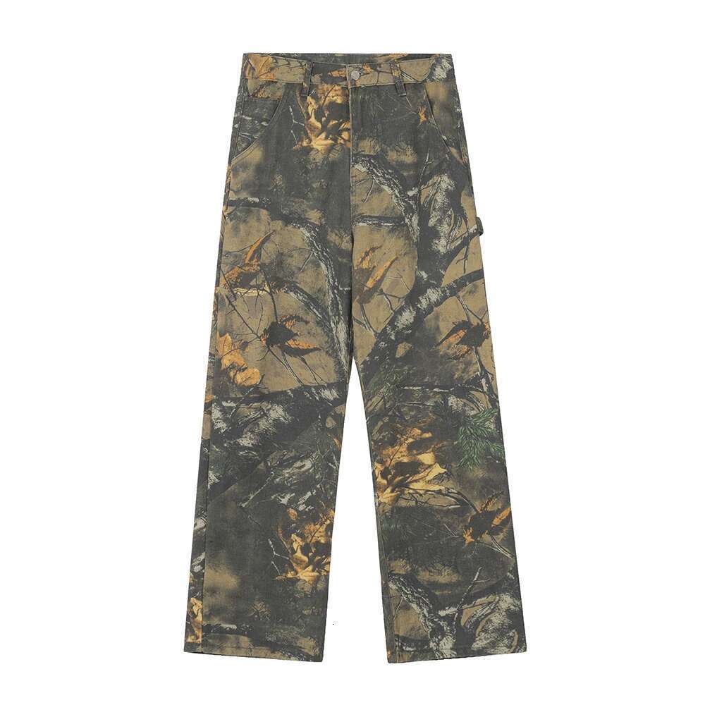 Haruku Branches Patchwork Baggy Cargo Pants For Men And Women Streetwear Straight Retro Casual Denim Trousers Oversized