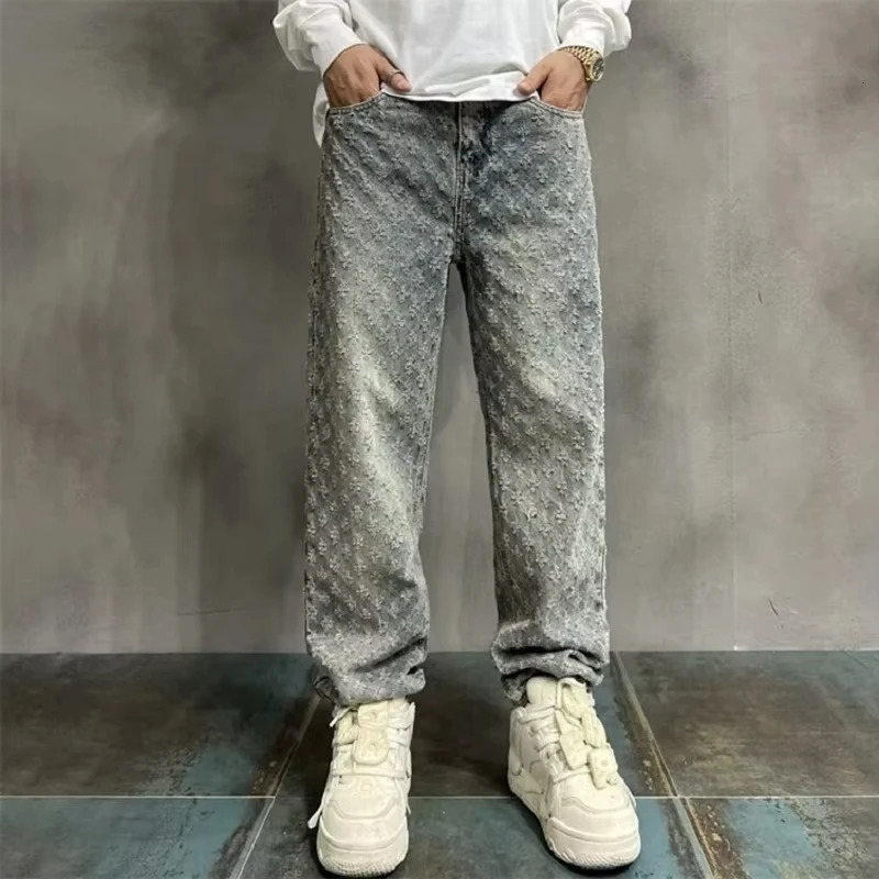 Y2k American High Street Jacquard Full Print Simple Casual High-Grade Jeans Mens n Sense Straight Fashion Loose Pants 250213