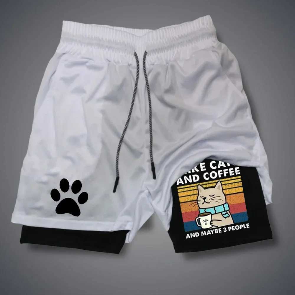 Funny Cat Print Running Shorts Men Sportswear Y2k Animal Pattern Gym Quick Dry Short Pant Summer Fitness Double-deck Short PantXJ250213