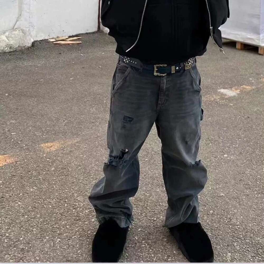 Vintage Distressed Hole Washed Black Baggy Jeans For Men And Women Straight Casual Cargo Pants Oversized Ripped Denim Trousers