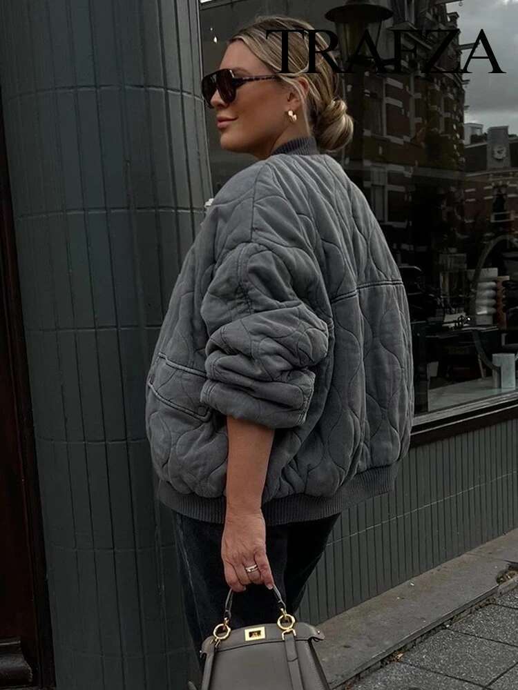 TRAFZA Winter Women's New Fashion Spliced Cotton Clothes Loose Bomber Retro Long Sleeve Woman's Jacket with Pockets