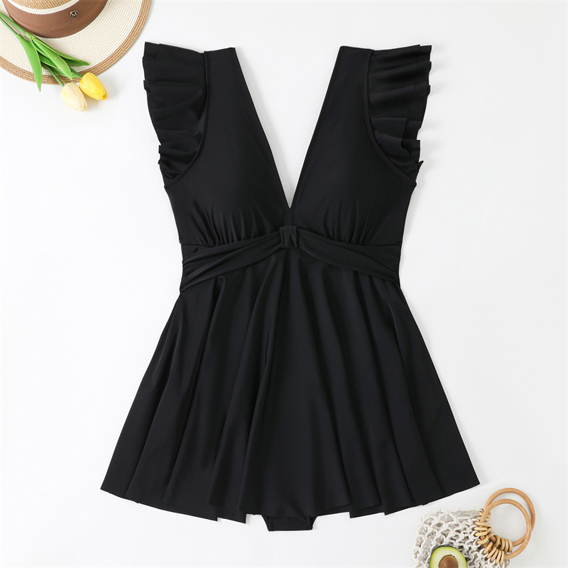 Women's One Piece Ruffle Swimdress Tummy Control V Neck Swimsuits Ruched Elegant Bathing Suits Skirt