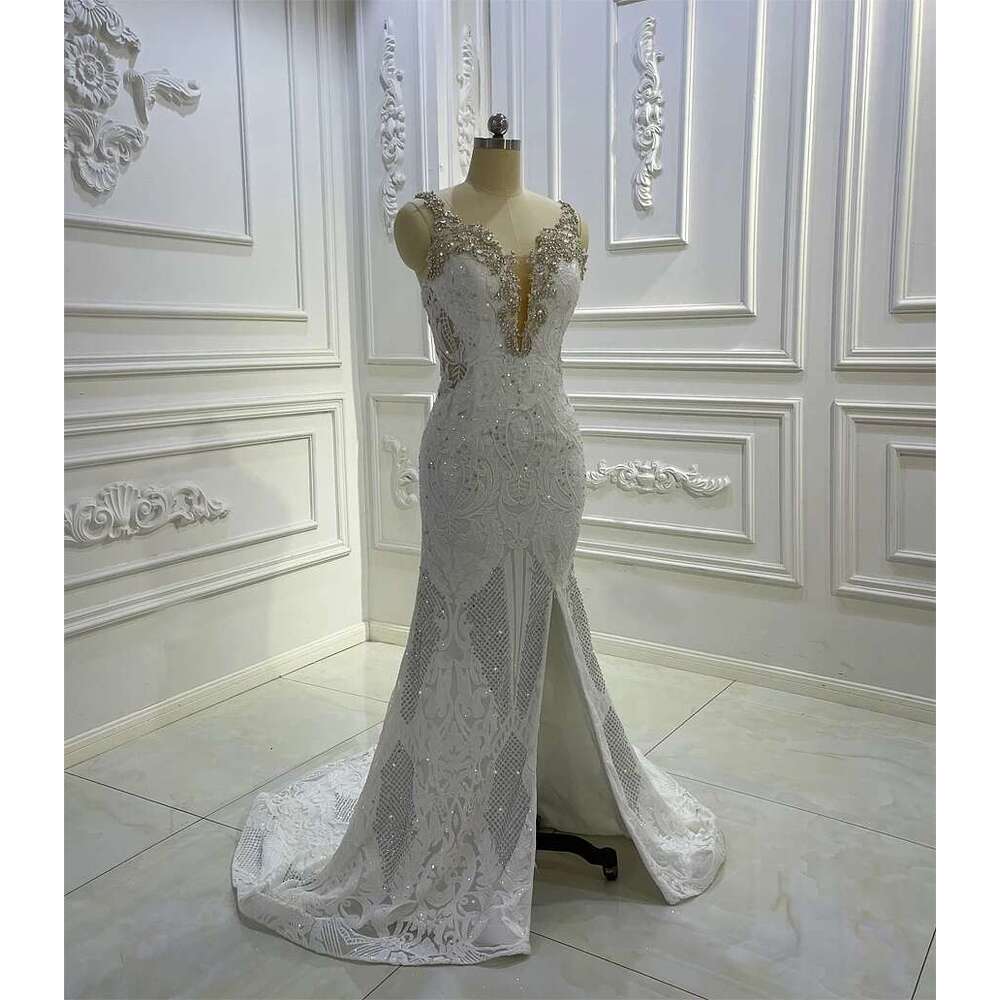 AM1454 New Design Lace deep V-neck 2 In 1 Ruffles Mermaid Wedding Dress