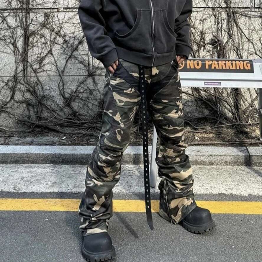 Camouflage Coated Micro Flared Motorcycle Pants For Men Patchwork Baggy Jeans Ankle Zipper Boot Cut