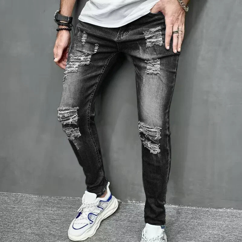 Style Mens Personalized Ripped Solid Color Skinny Jeans Stretch Little Foot Streetwear Motorcycle Denim Trousers Male 250210