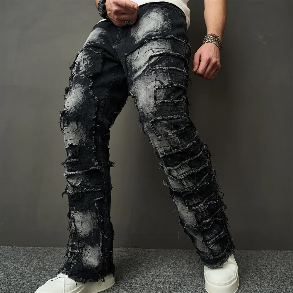 Streetwear HipHop Men Ripped Spliced Patch Straight Jeans Stylish Male Distressed Loose Biker Denim Pants 250210