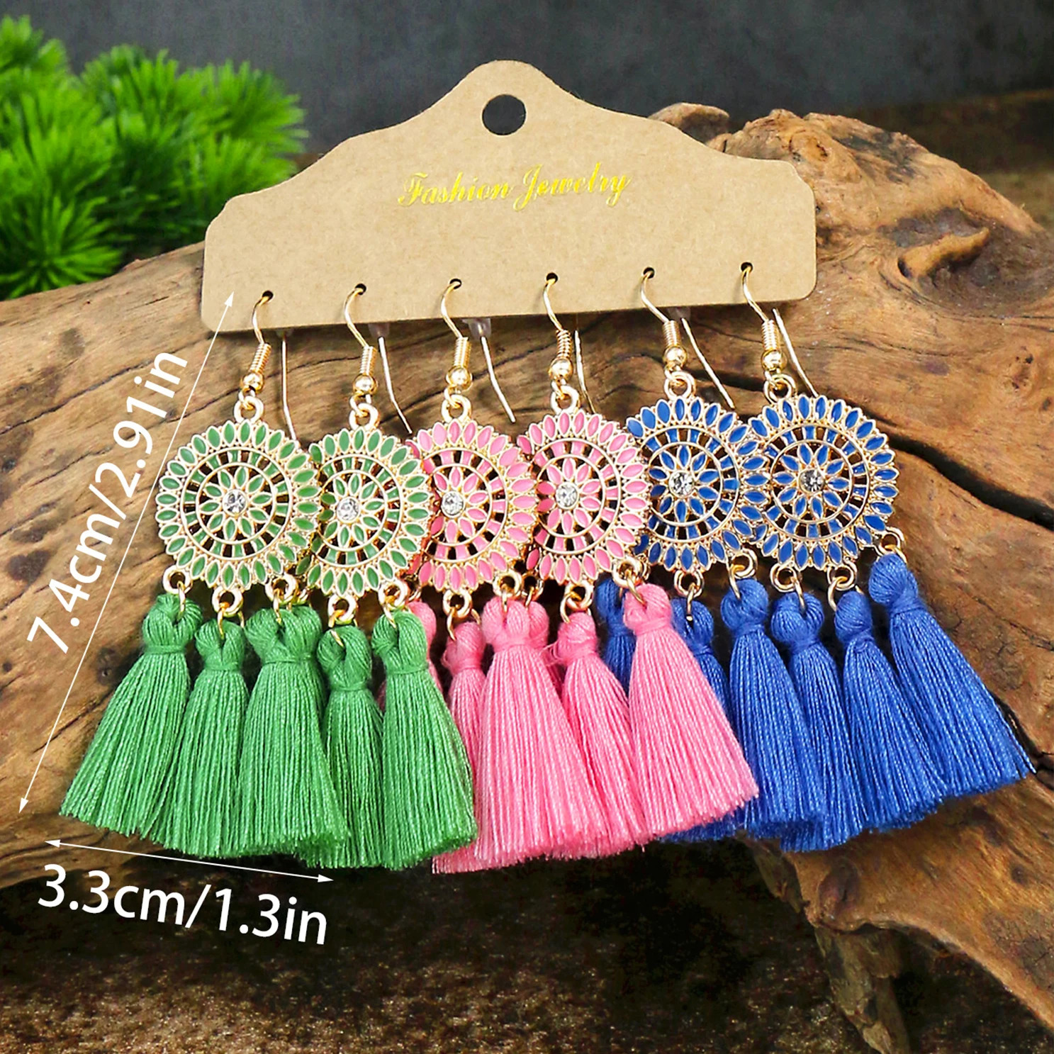 Bohemian vacation style womens earring set with colorful tassel rhinestone inlaid circular earrings style jewelry gift 250110