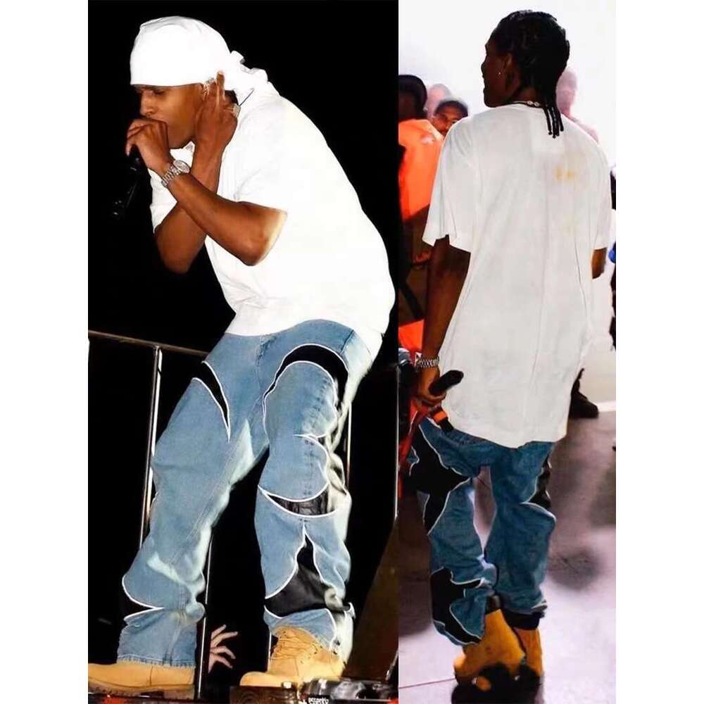 Haruku Pu Leaher Embroidery Patchwork Baggy Y2k Jeans Men's Streetwear Straight Oversized Denim Trousers Unisex Cargo Pants