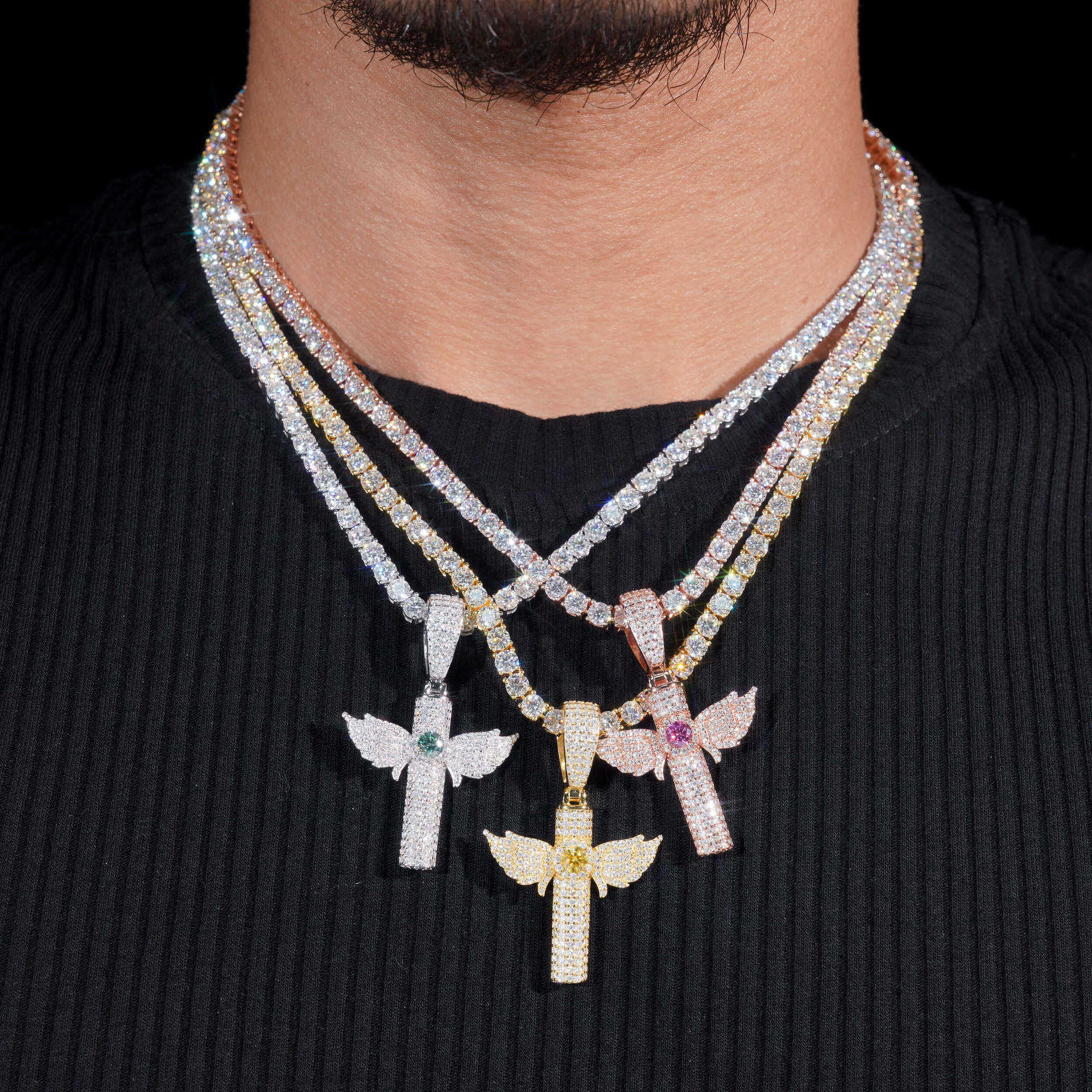 New 925 silver inlaid colorful moissanite cross hip-hop pendant personalized and fashionable mens and womens accessories