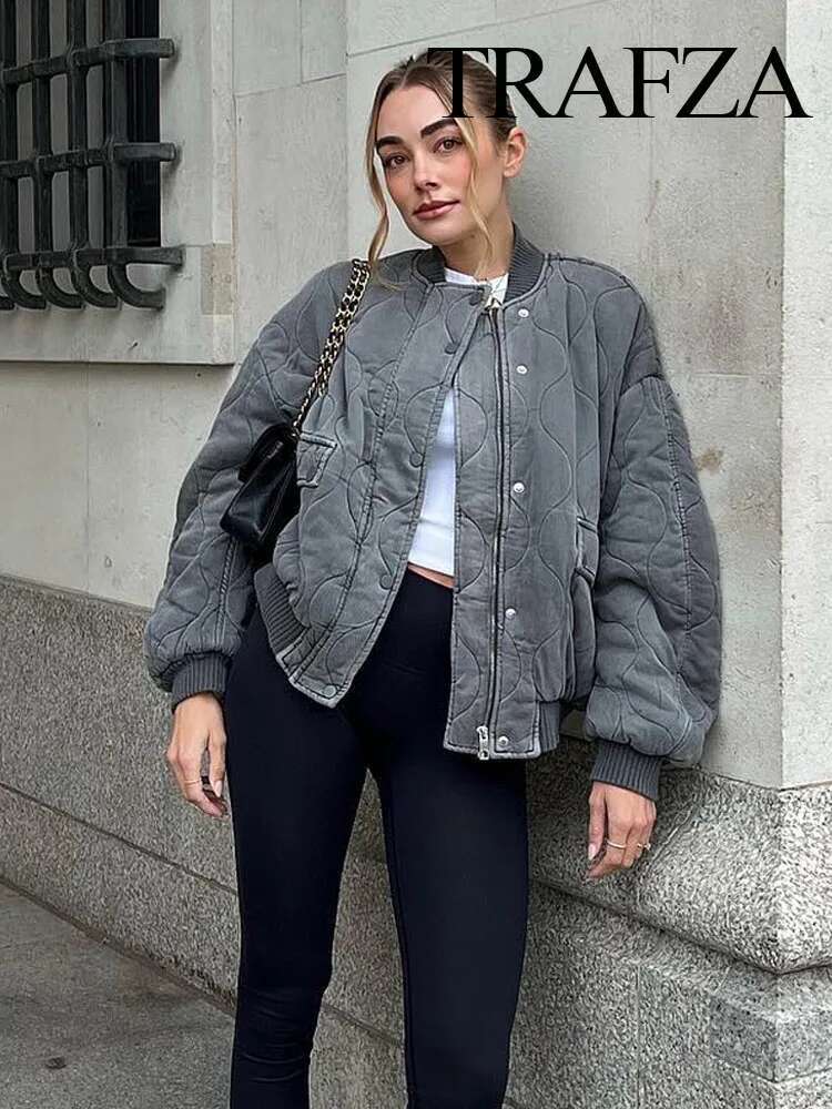 TRAFZA Winter Women's New Fashion Spliced Cotton Clothes Loose Bomber Retro Long Sleeve Woman's Jacket with Pockets