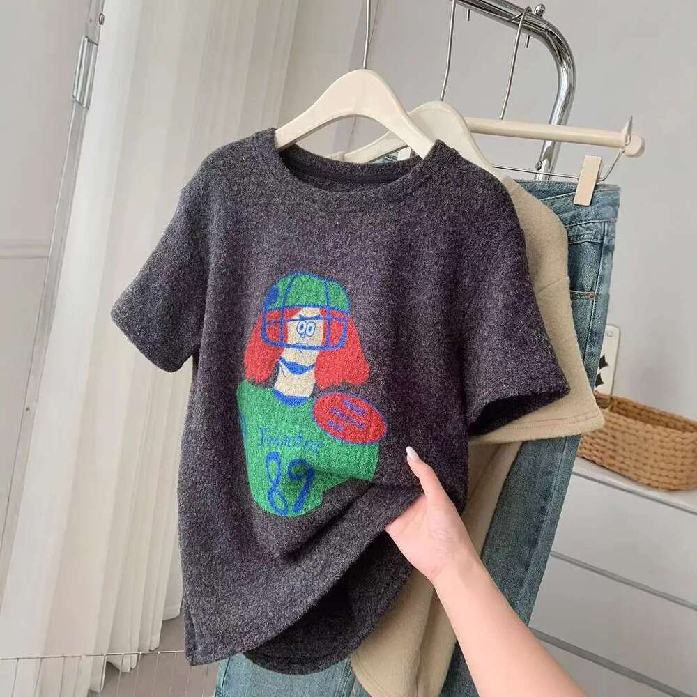 Cartoon Printed Double-Sided Brushed Short Sleeved For Women Spring, Thickened, Loose Tops