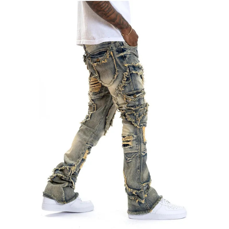 Men Ripped Stacked Jeans Distressed Slim Fit Skinny Straight Leg Fashion Hip Hop Denim Pants Casual Streetwear 250210