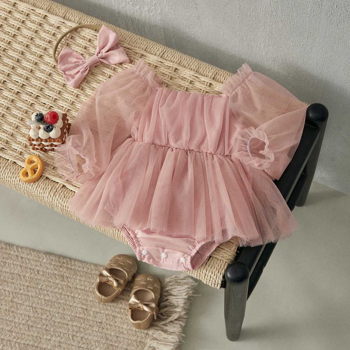 BeQeuewll Baby Girls Casual Romper Dress Lace selvage Tulle Patchwork Romper with Bow Headband Cute Princess Dress Z250214