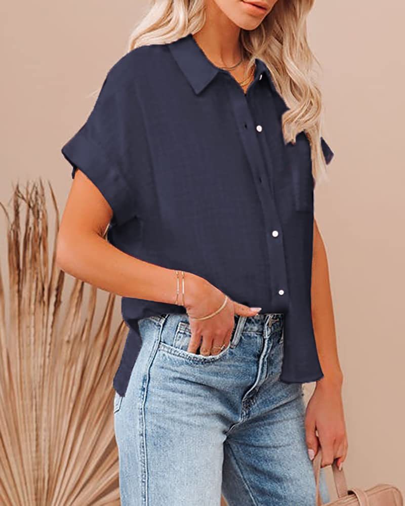 2025 summer new cotton and linen women's short sleeved casual side slit pocket shirt top