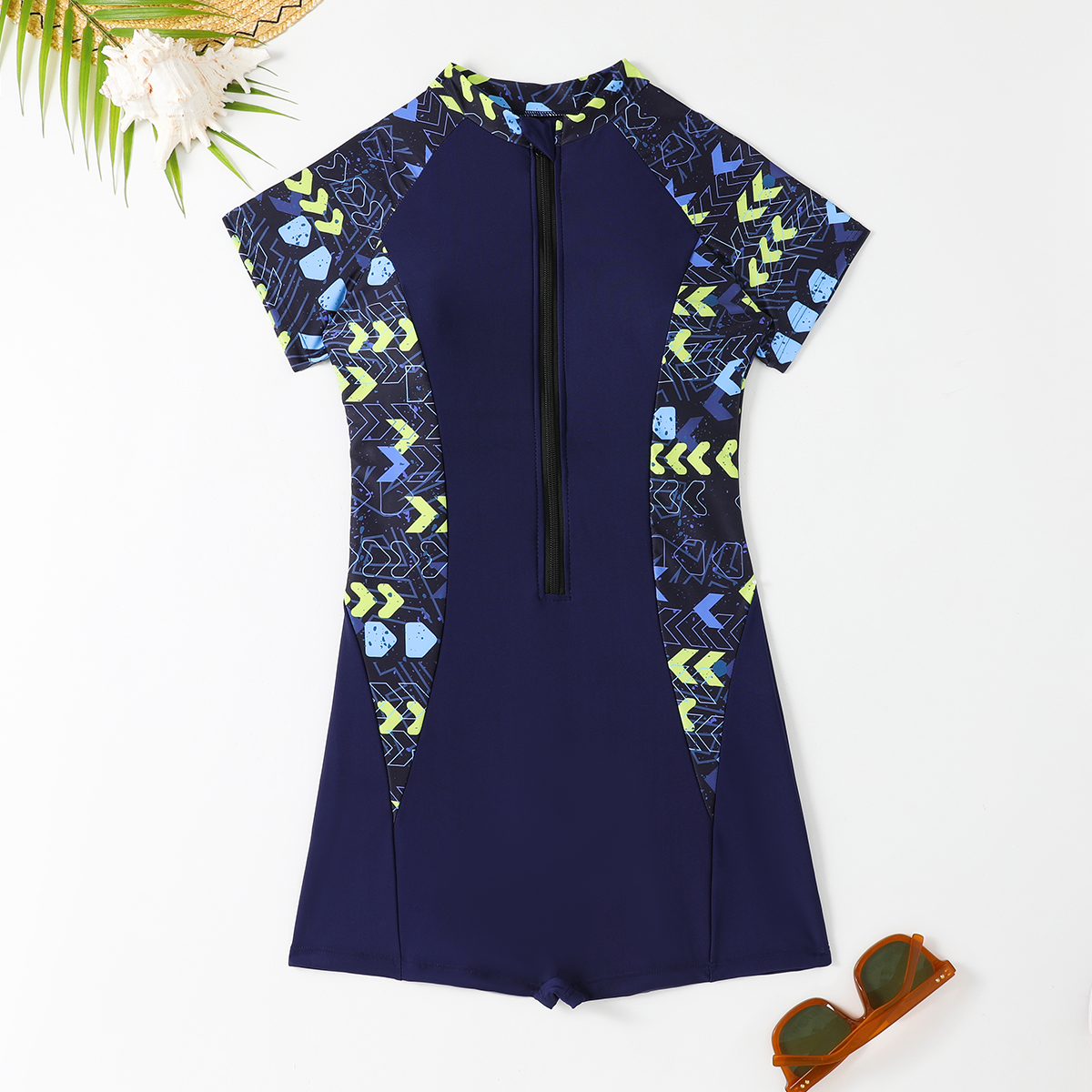 Women's Short Sleeves Boyleg One Piece Rash Guard with Built in Bra UPF50+ Zip Long Sleeve Full Body Modest Swimsuit