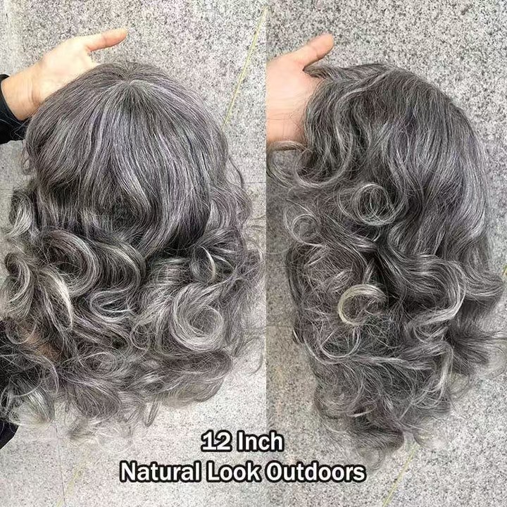 Short natural look gray human hair wigs for black women ash grey blonde salt pepper hd lace closure grey wig loose curly for old Lady