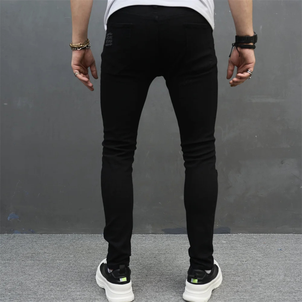 Men Simple Solid Holes High Street Stretch Skinny Jeans Pants Male Distressed Slim Pencil Jogging Denim Trousers 250210
