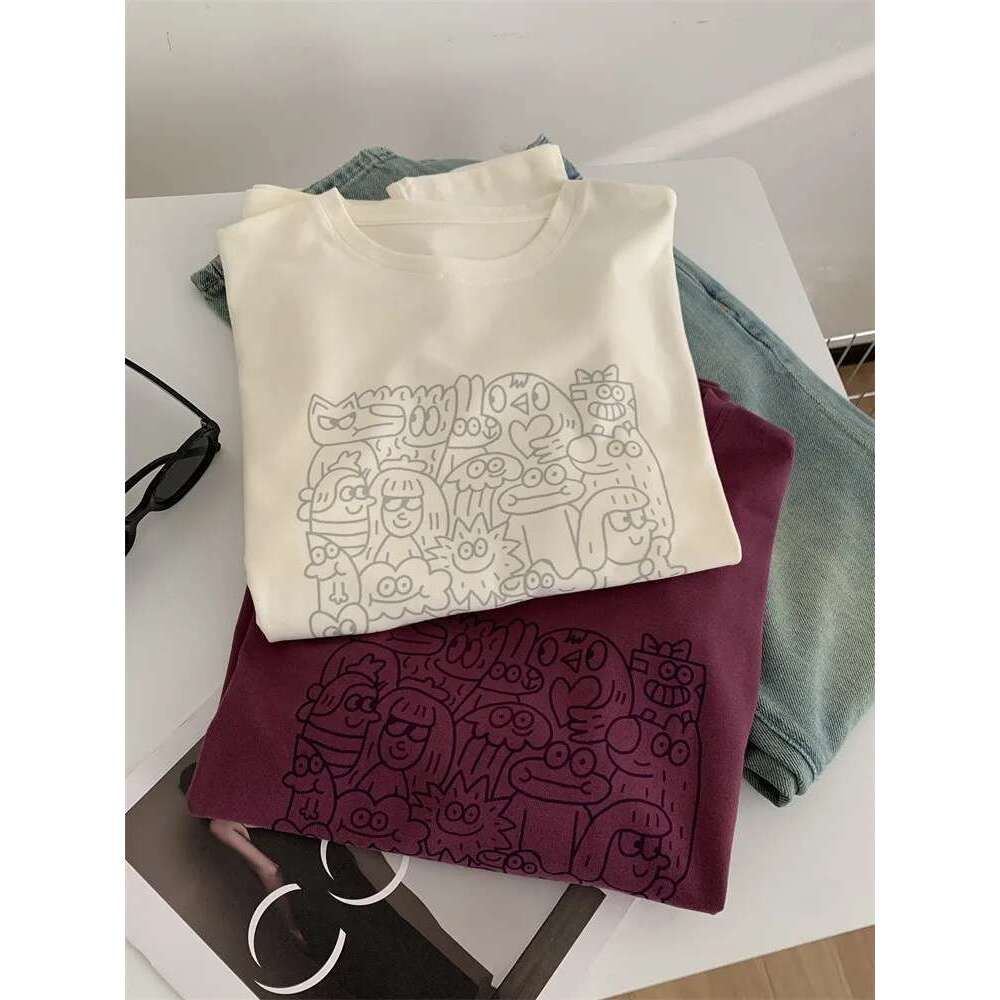 Purple Red Cute Cartoon Print Round Neck Short Sleeved T-Shirt For Women Loose Fitting And Slimming