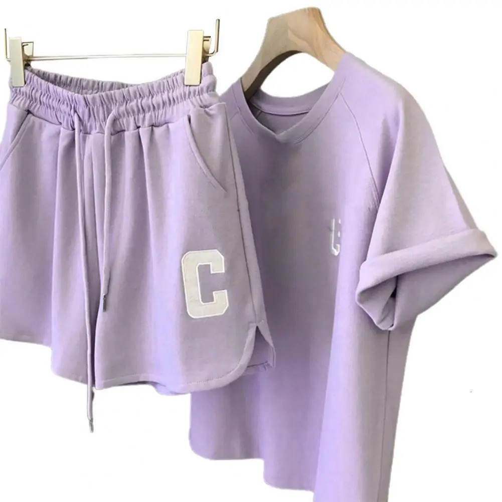 2 Pcs/Set Women Summer Tracksuit Short Sleeves Letter Embroidery Loose Round Neck Pockets Daily Wear Elastic Waist Exercise 250210