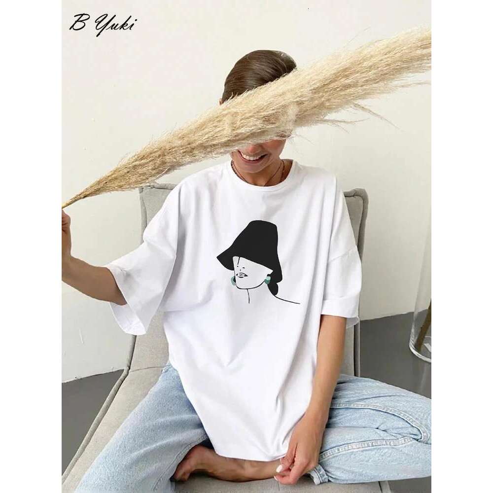 Bluki Simple Loose Graphic T-Shirts Women 2023 Summer Cotton O-Neck Short Sleeve Tees Female Plus Size All-Match Basic Tops