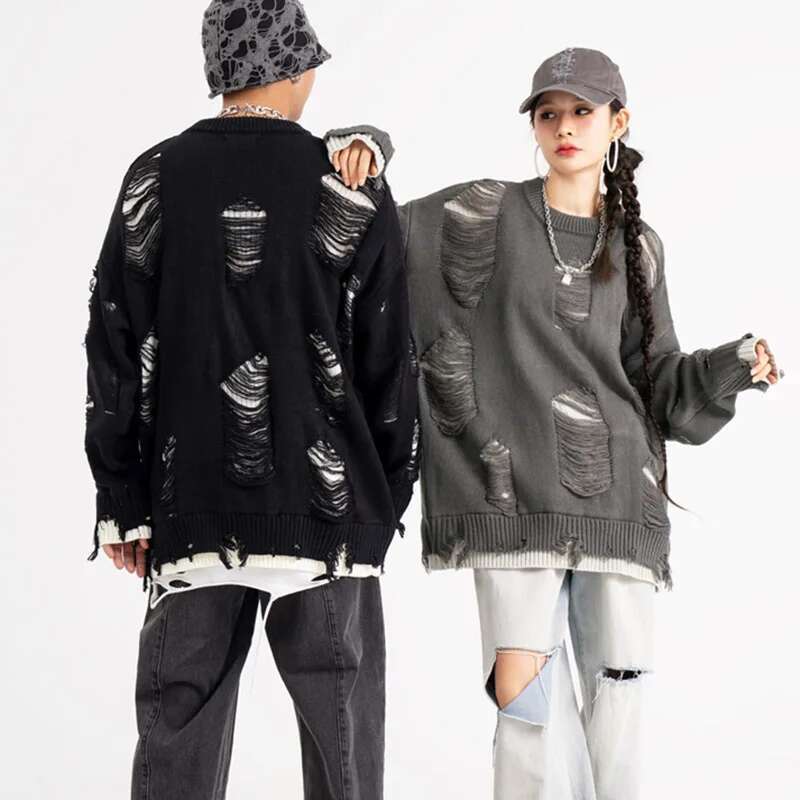 Frayed Hole Double Wear Oversized Pullover Sweater Men's Autumn And Winter Crew Neck Ripped Casual Couple Knitted Sweaters