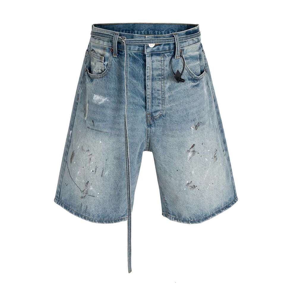 Streetwear New Summer Ink Splashed Hand-Painted Denim Shorts Mens Straight Blue Washed Baggy Knee Length Jeans Pants