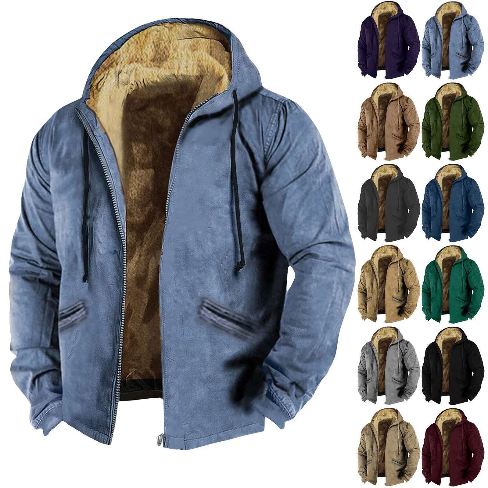 Men's Fall And Winter Thicken Solid Color Casual Basics Trend Warm Zipper Hooded Jacket
