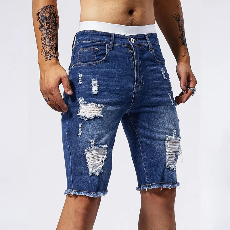 Vintage Denim Shorts Mens American Stretch Slim Jeans Fashion Ripped Streetwear Male Hole Frayed Short Pants Blue Black 250210