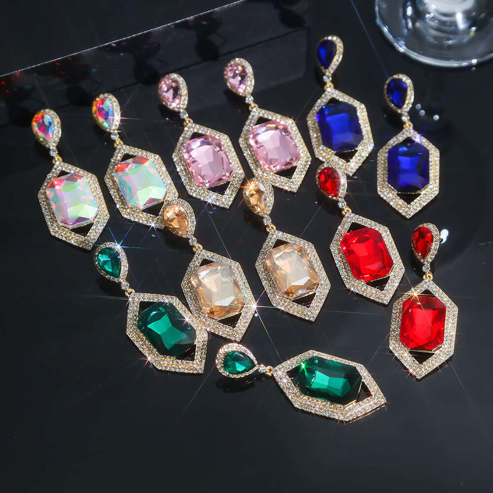 Temperament colored glass rhie earrings with exaggerated female personality, fashionable earrings, temu