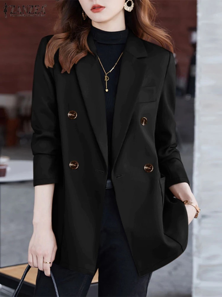 ZANZEA Casual Women Blazer Solid Office Lady Commute Spring Thin Jackets Lapel Neck DoubleBreasted Long Sleeve 250213