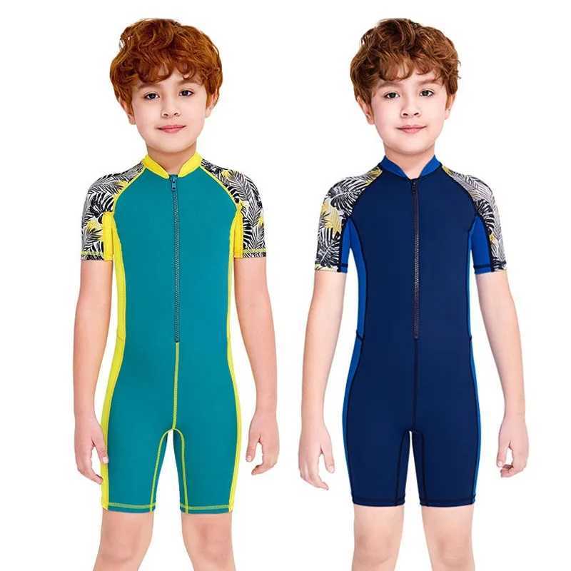 One-Piece Quick Drying Summer Boys Swimwear Children Swimsuits Kid Short Sleeve Sun Protection (including swimming caps) Z250214