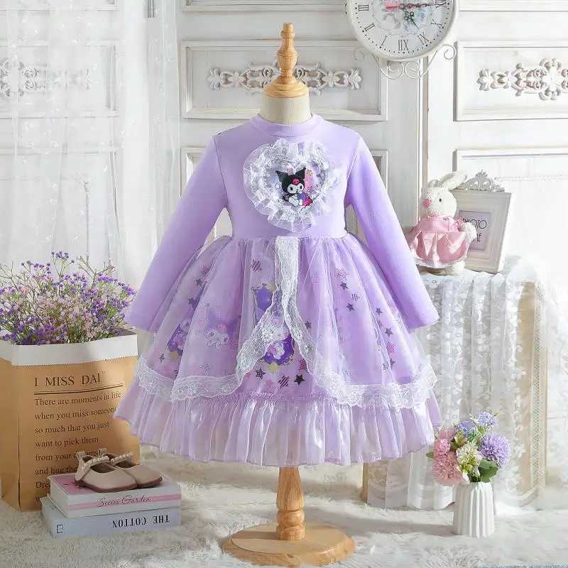 Girl Dress Sanrios Kuromi Cute New Kaii Spring Autumn Sweet Long Sleeves Cotton Chiffon Anime Figure Mesh Fashion Z250214