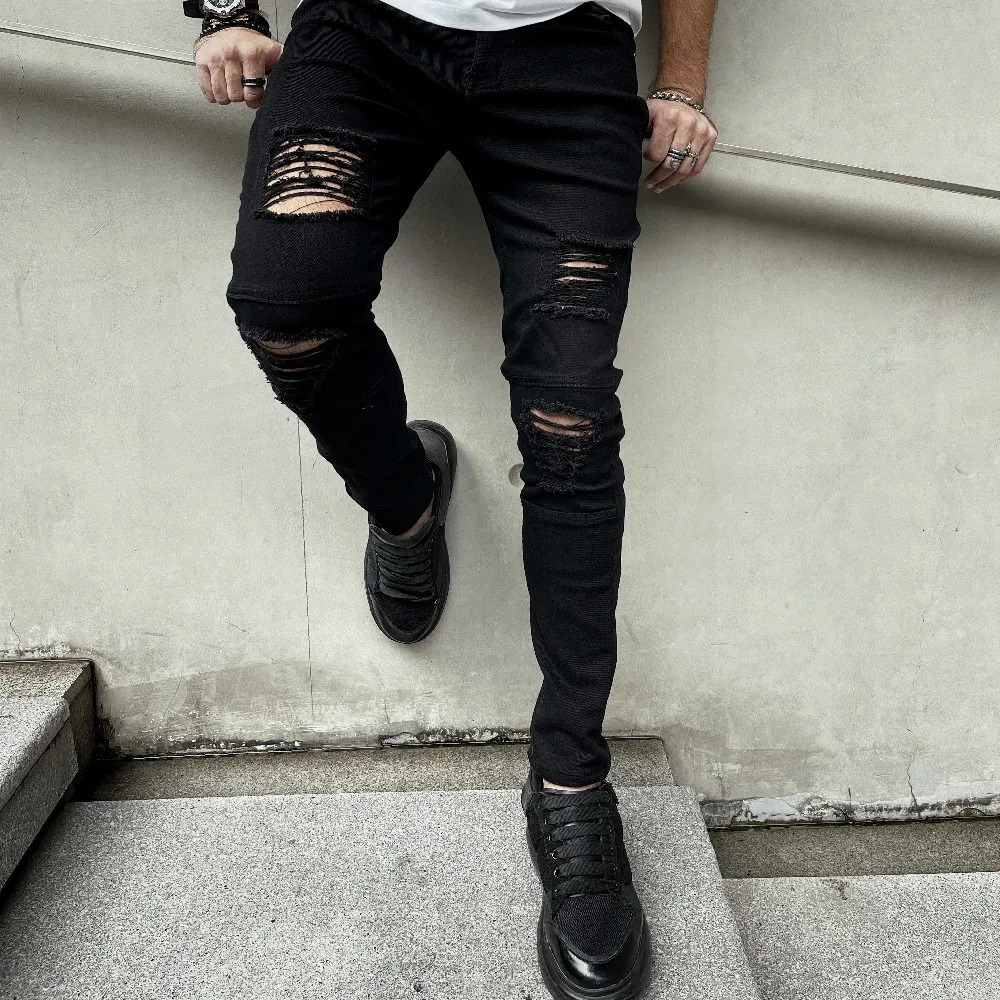 Men High street Hip hop Style Ripped Skinny Pencil Jeans Stylish Slim Holes Casual Denim Pants 250210