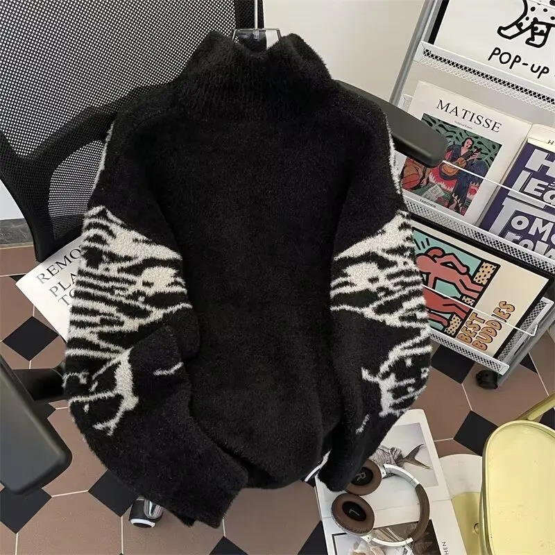 Y2k Harajuku Zipper Cardigan Man Women Vintage Butterfly Turtleneck American Mink Fur Soft and Lazy Style Sweater Jacket 250211