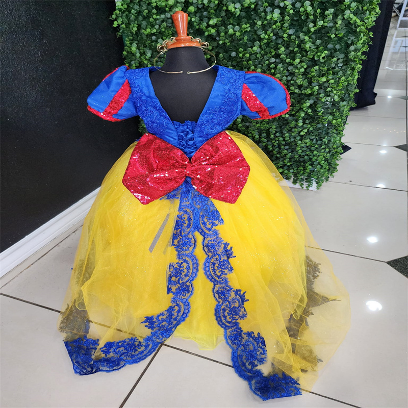 Blue And Gold Flower Girls Dress 2025 Short Sleeve Sequin Mariachi Kid Pageant Party Lace First Communion Birthday Dress Princess Kids Vestio De Novia