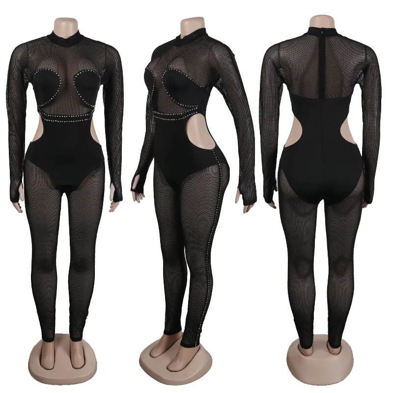 Sexy See Through Patchwork Mesh Jumpsuit Women Long Sleeve Hollow Out Skinny Night Club Outfits One Pieces Rompers Overalls Body 250213