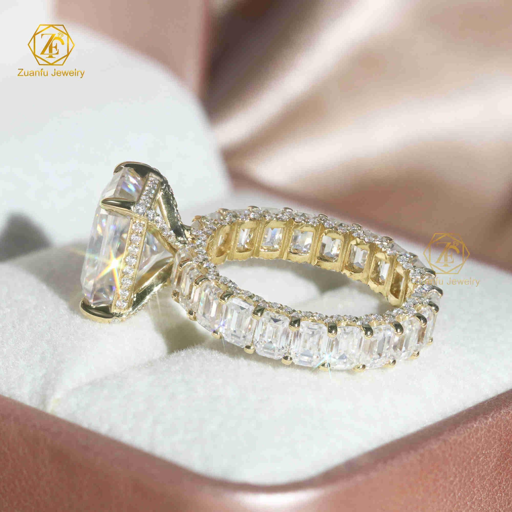14K Solid Gold Moissanite Diamond Design 9x11mm Radiant Cut and 3x4mm Emerald Cut Full Band Wedding Engagement Ring