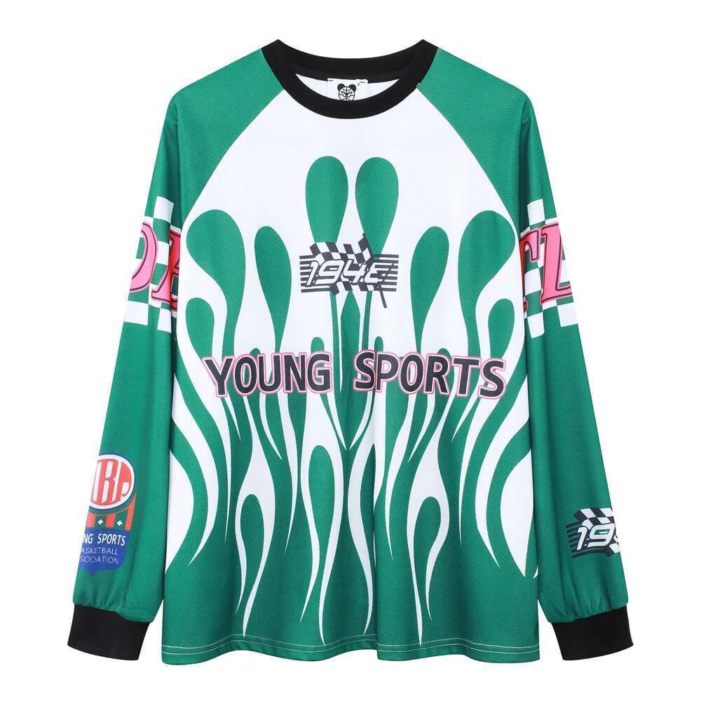 Y2k Flame Color Match Mesh Baseball Shirts For Men And Women Crew Neck Long Sleeve Casual Tshirts Oversized Loose Top Tees