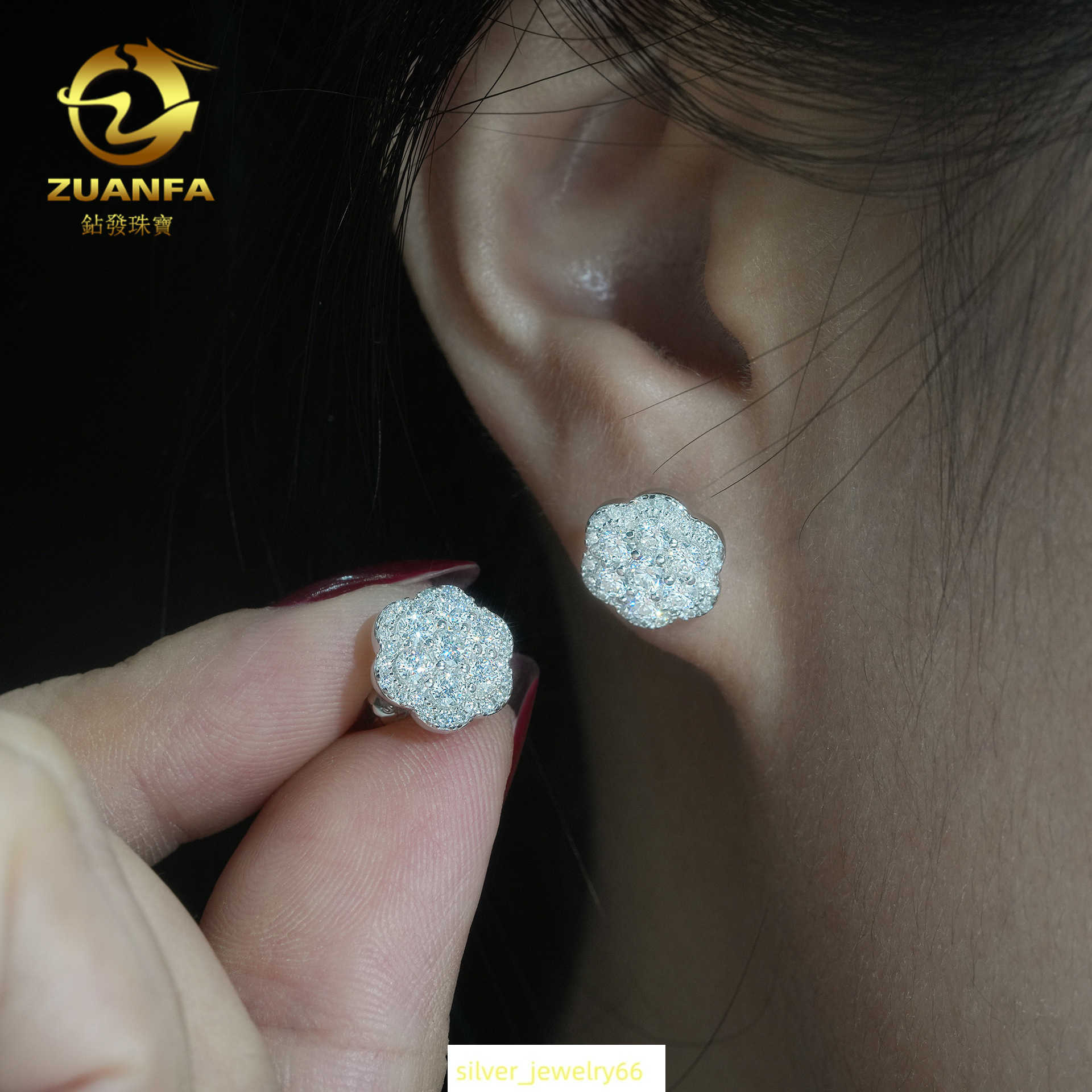 2024 New Creative Flower Hip Hop Jewelry 925 sterling silver earrings with Mozambique earrings